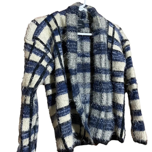 La Fee Verte Adult Sweater XS Blue Cream Plaid Eyelash Open Front Cardigan Women - Picture 2 of 7